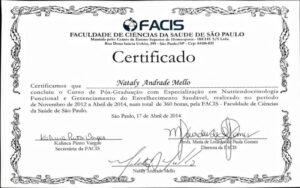 CERTIFICADO DO CURSO DE NUTRIENDOCRINOLOGIA - FACULDADE DE CIÊNCIAS DA SAÚDE - SÃO PAULO SITE DRA NATALY MELLO